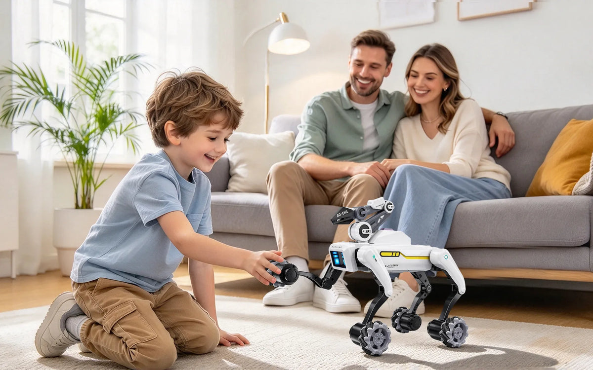 A young boy playing with a white Mecanum-wheel RC robot dog on a living room carpet while his smiling parents watch from the couch.