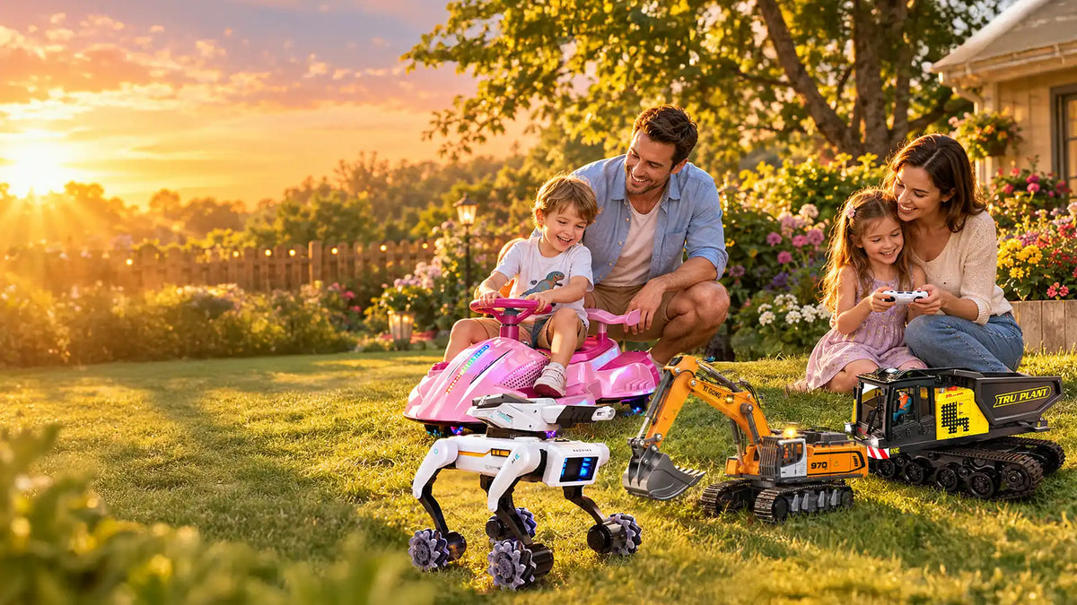 A happy family playing together in a sunny backyard with outdoor toys, including a pink electric ride-on go-kart, a wheel-based robot dog, and RC construction vehicles