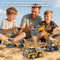 Family enjoying outdoor playtime with remote-controlled construction vehicle toys, including an RC excavator, dump truck, and bulldozer.