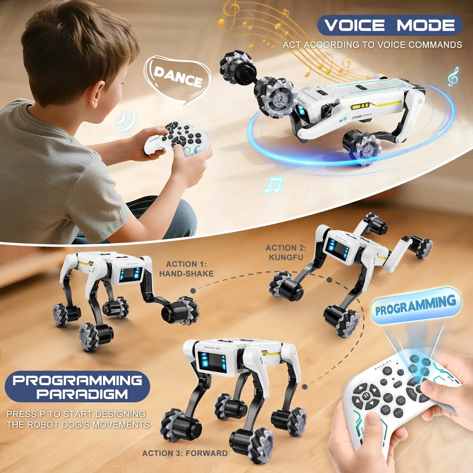 Interactive robot dog toy featuring voice control mode and customizable movement programming with remote controller.