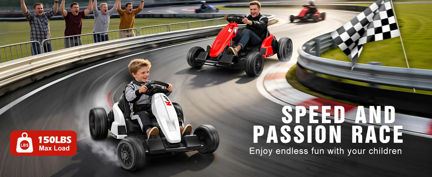 Child driving an electric drift go kart on a racetrack, with a 150 lbs weight capacity feature