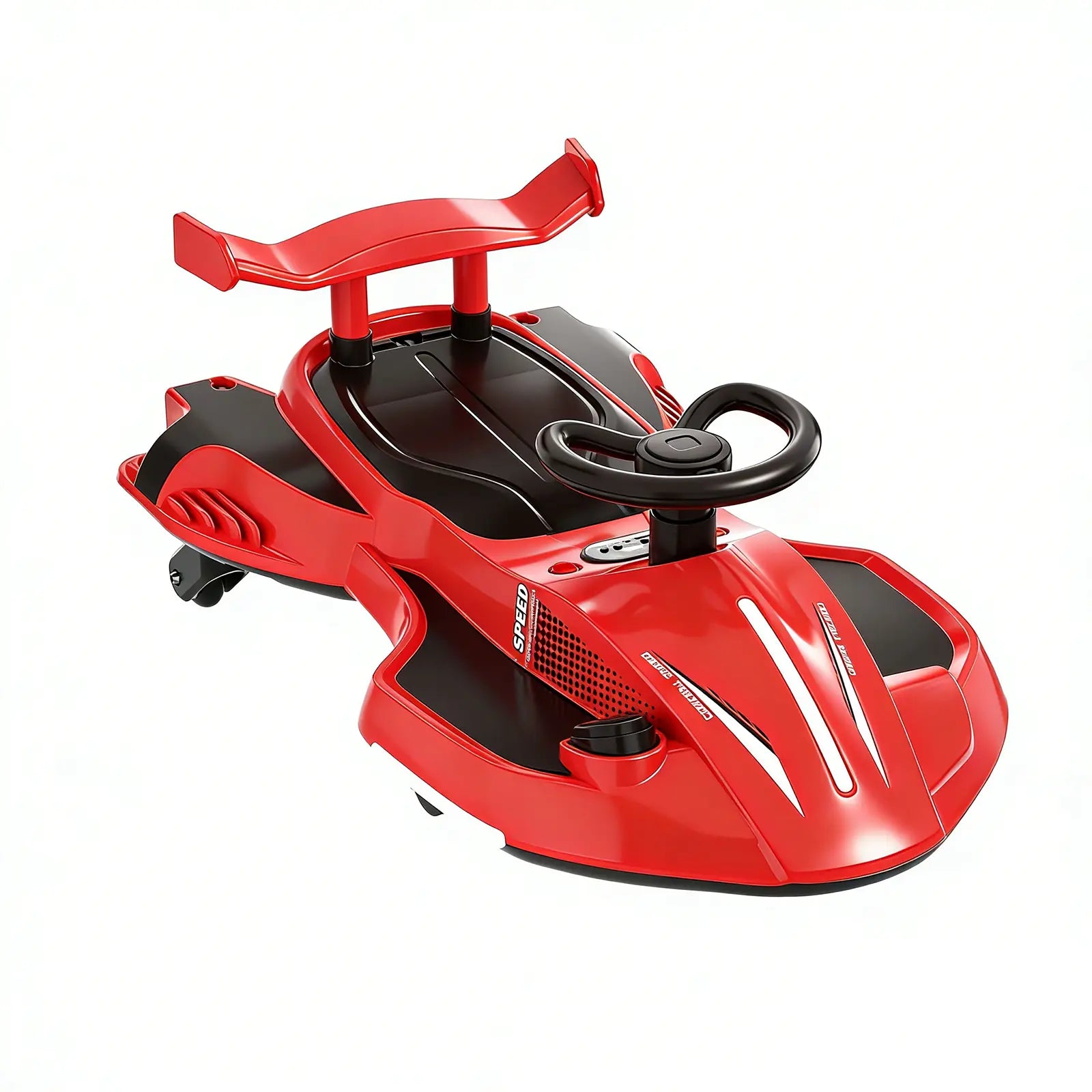 Akeleo red electric wiggle car with pedal drive, LED lights, and smooth wiggle-style movement for kids