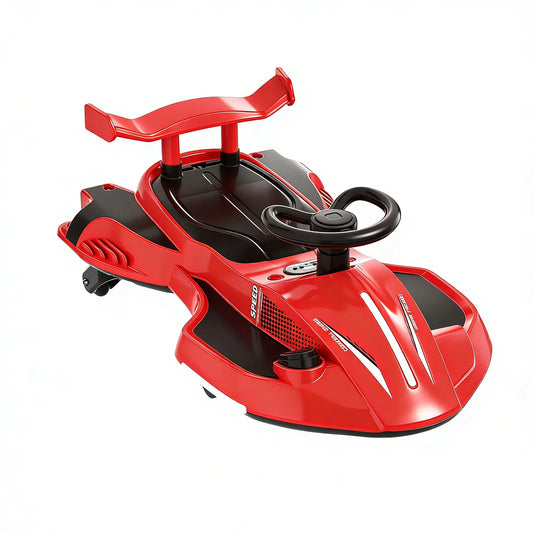 Akeleo red electric wiggle car with pedal drive, LED lights, and smooth wiggle-style movement for kids