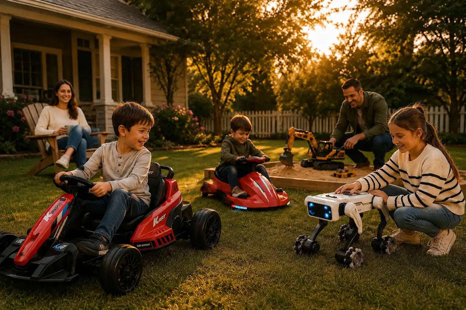 Family enjoying outdoor activities with electric drift karts for kids and interactive robotic dog on a sunny lawn.