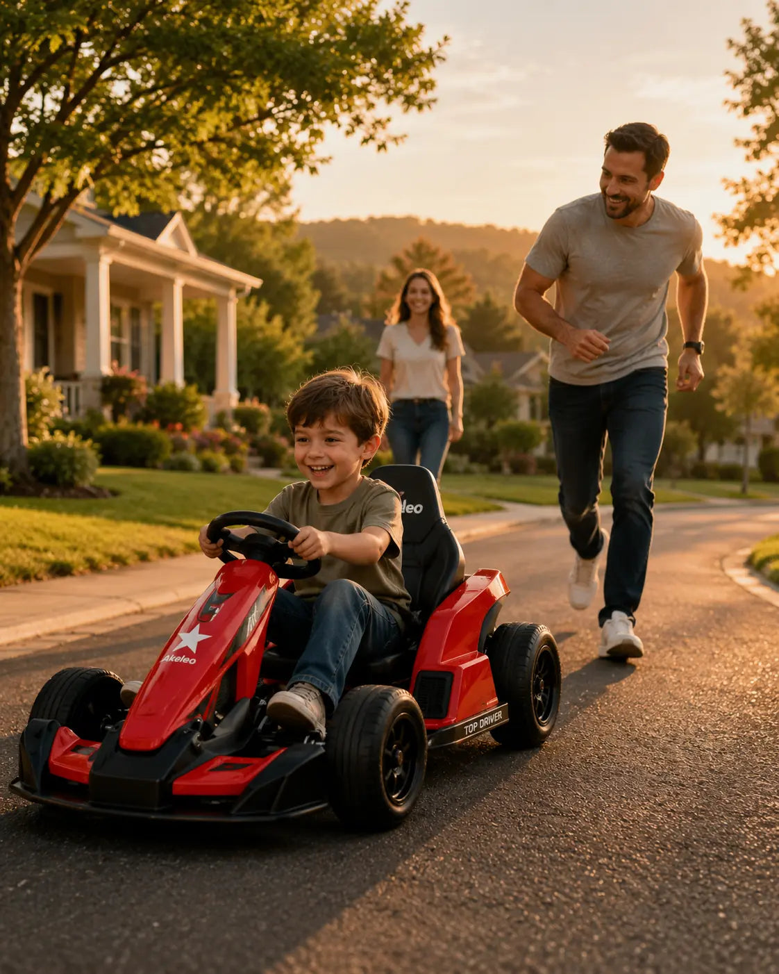 Boy driving an AKELEO electric drift go-kart for kids on a sunny street, accompanied by his parents enjoying family outdoor playtime.