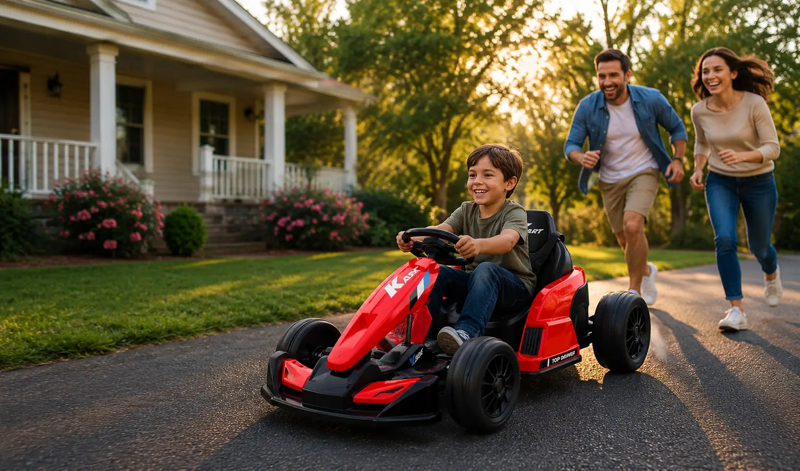 A happy young boy driving a red kids' electric go-kart outdoors, with parents running alongside and enjoying family time.