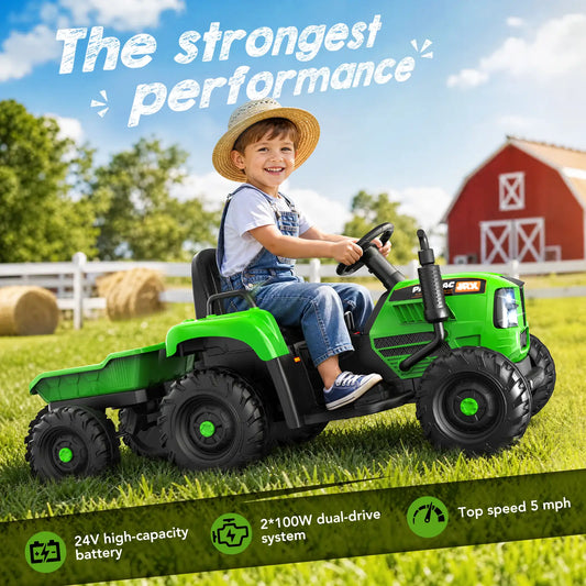 Child driving a green 24V ride-on tractor with trailer, dual 100W motors, and 5 mph top speed