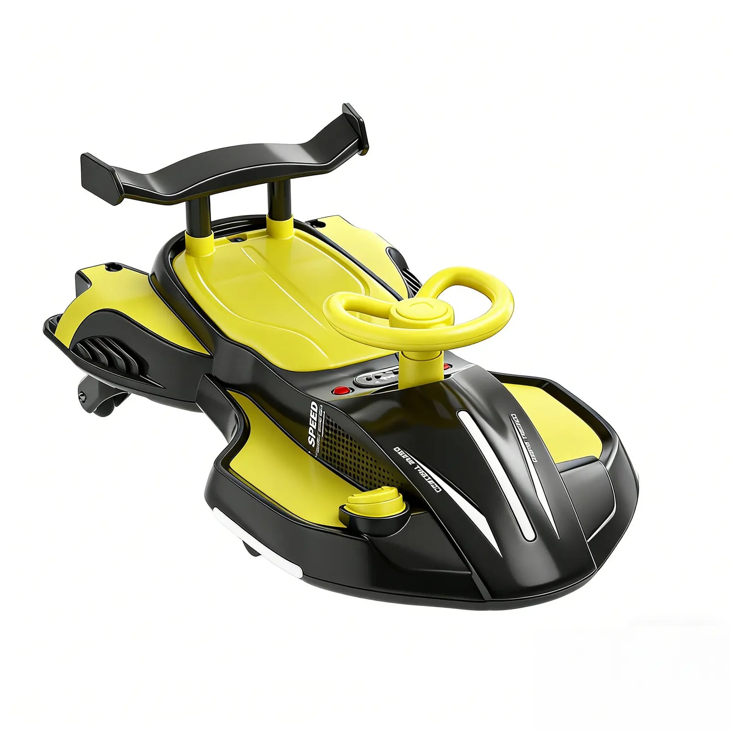 Akeleo yellow and black electric wiggle car with pedal, Bluetooth music, and anti-rollover wheels