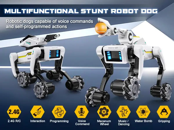 Multifunctional stunt robot dog toy with 2.4G remote control, programmable actions, voice command, mecanum wheels, water bomb shooting, music, dancing, and gripping features, interactive STEM toy for kids.