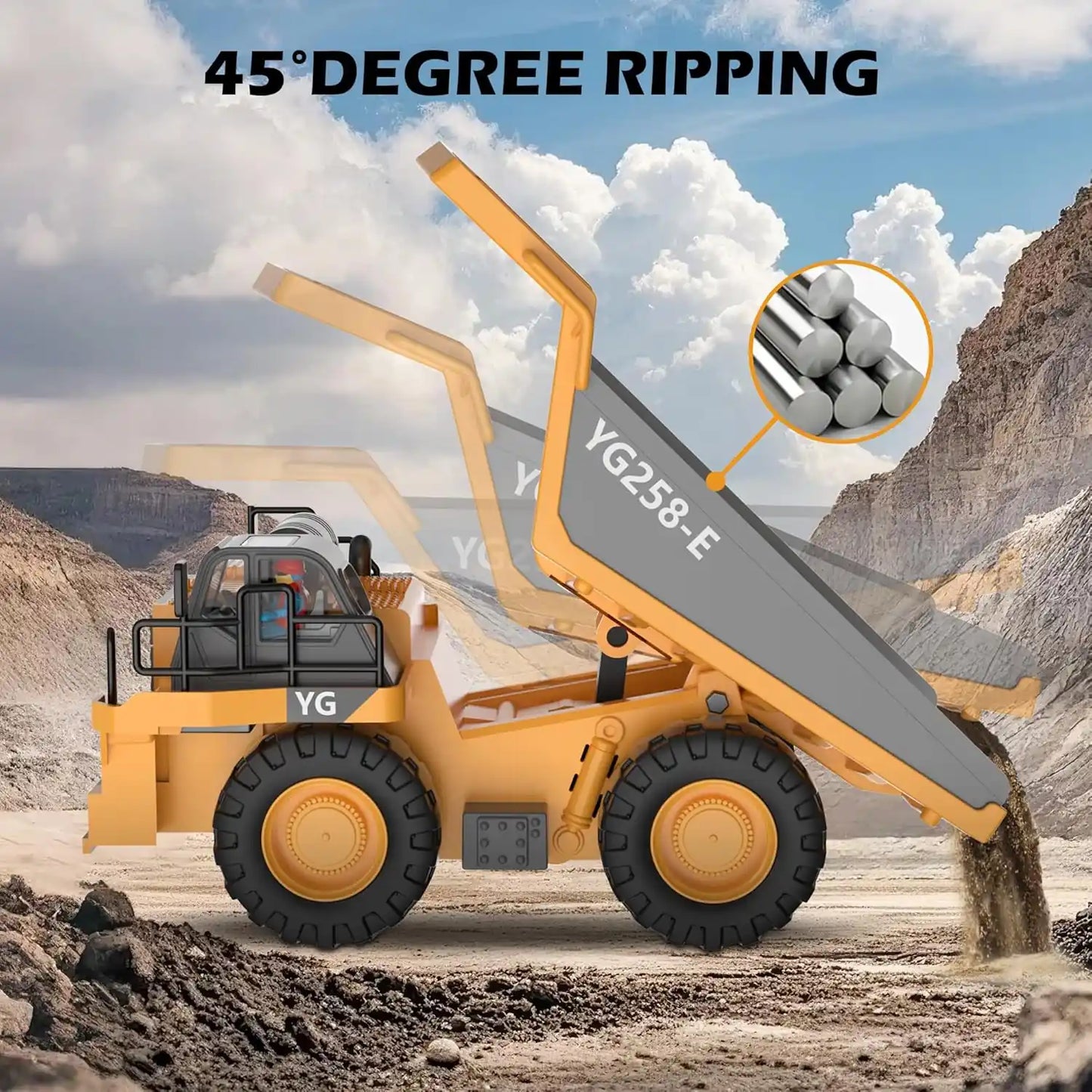 Professional alloy RC dump truck YG258-E with 45-degree dumping bed for realistic construction loading and unloading