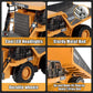Professional alloy RC dump truck YG258-E featuring LED headlights, durable wheels, sturdy metal bed, and 45-degree tilting mechanism for realistic construction play
