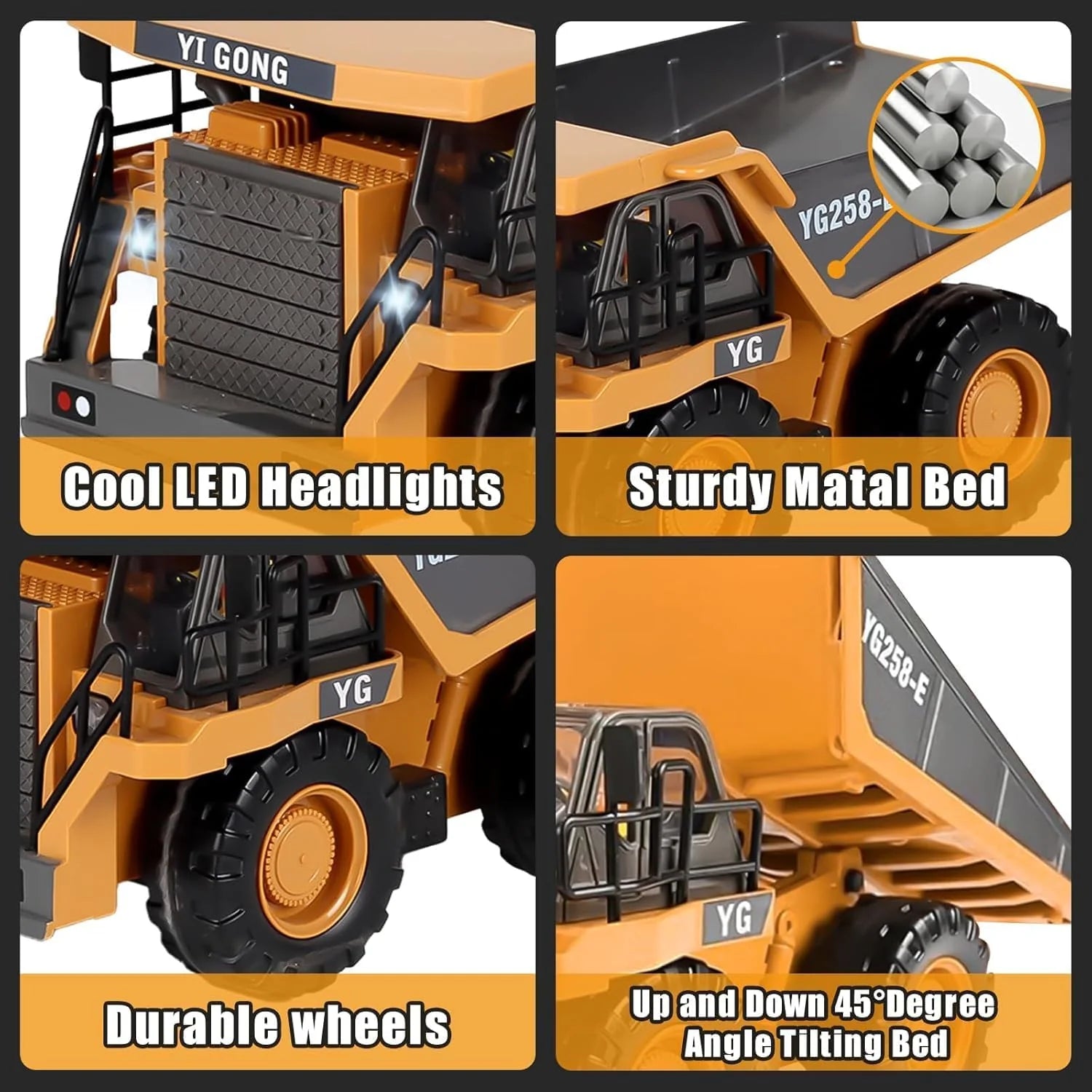 Professional alloy RC dump truck YG258-E featuring LED headlights, durable wheels, sturdy metal bed, and 45-degree tilting mechanism for realistic construction play