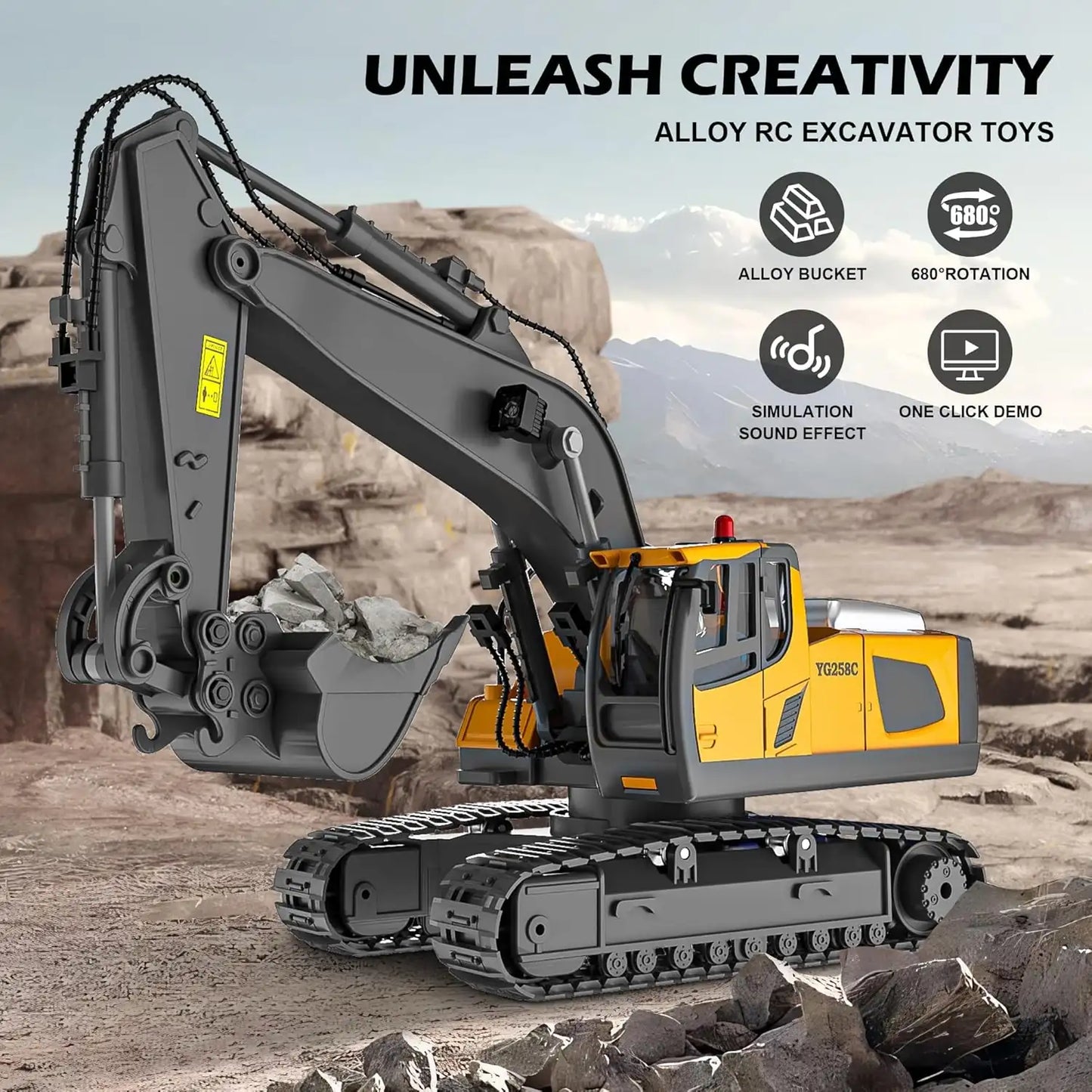 Professional 1/24 scale alloy RC excavator toy YG258C with alloy bucket, 680-degree rotation, simulation sound effects, and one-click demo features