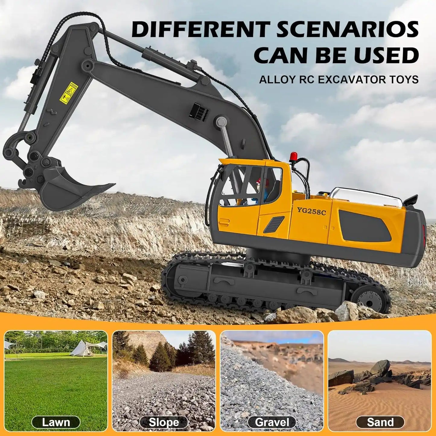 Professional alloy RC excavator toy YG258C designed for all-terrain play on lawn, slope, gravel, and sand