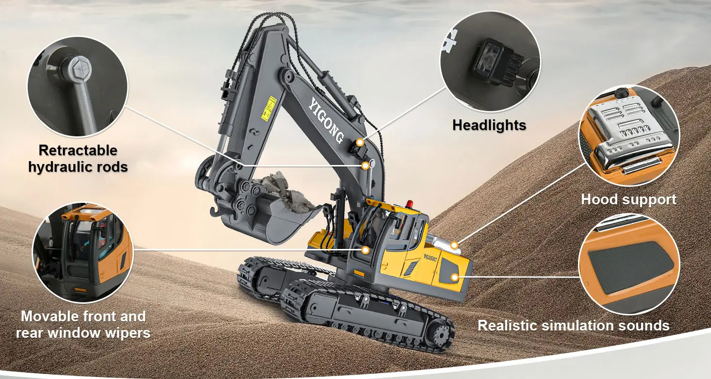 professional remote control excavator detailing features like retractable hydraulic rods, headlights, and realistic simulation sounds