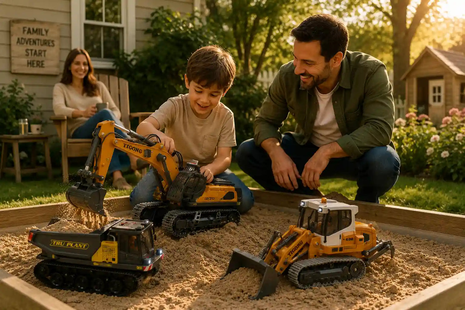 Family playing in an outdoor sandbox with YIGONG remote control construction toys, including a crawler excavator and bulldozer model.