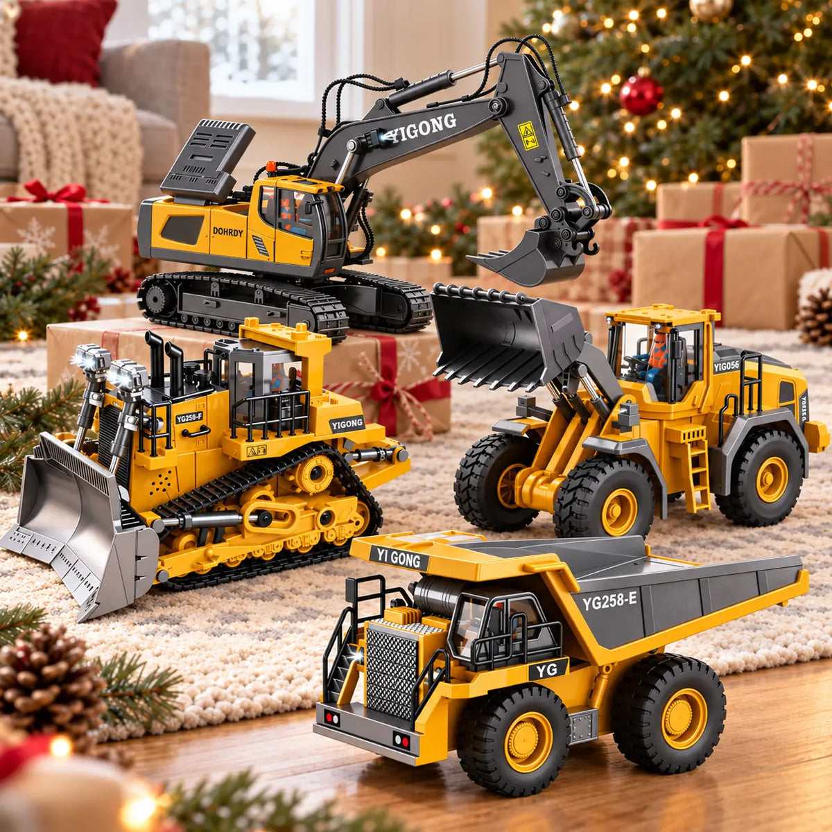 A set of 4 alloy RC construction vehicle toys including an excavator, bulldozer, front loader, and dump truck displayed in front of a decorated Christmas tree with gift boxes.