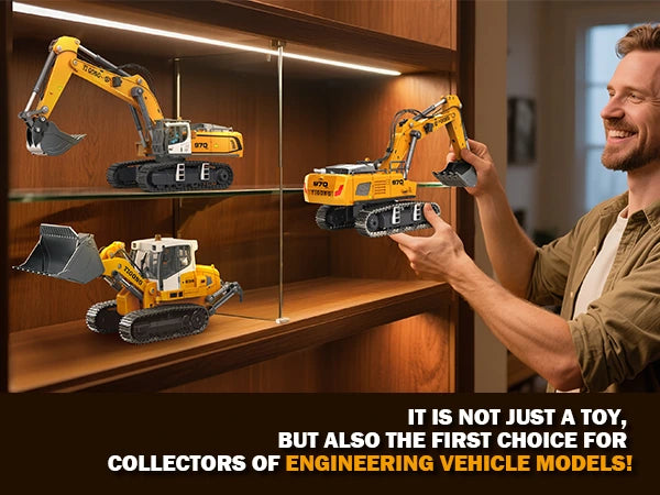 RC engineering vehicle models displayed on a shelf, highlighting its appeal as a premium collectible for hobbyists.