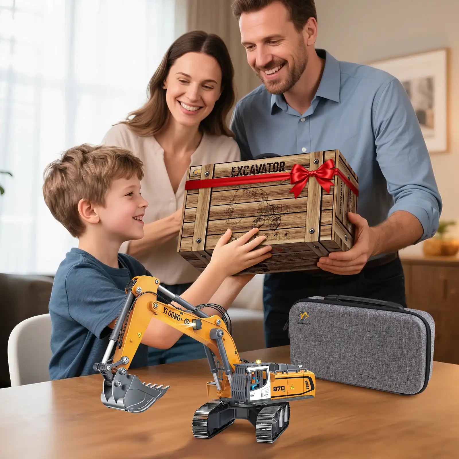 Premium RC excavator gift set, featuring a realistic model toy, wooden storage crate, and carrying case, perfect for kids and collectors.