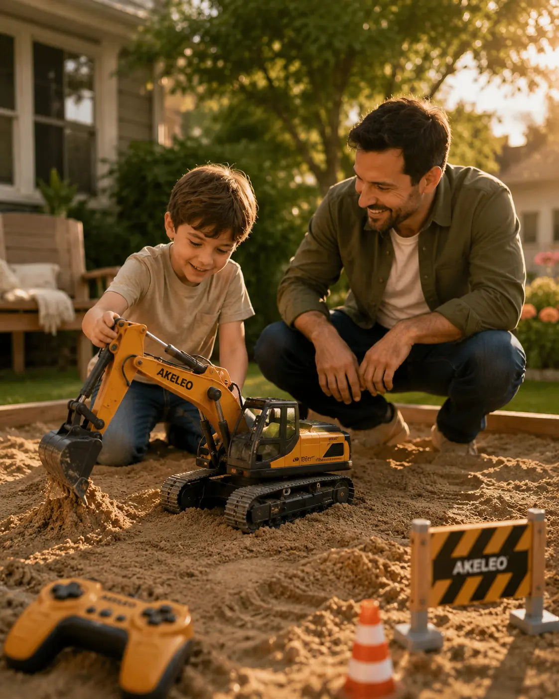 Father and son playing with AKELEO remote control excavator toy in an outdoor sandbox.