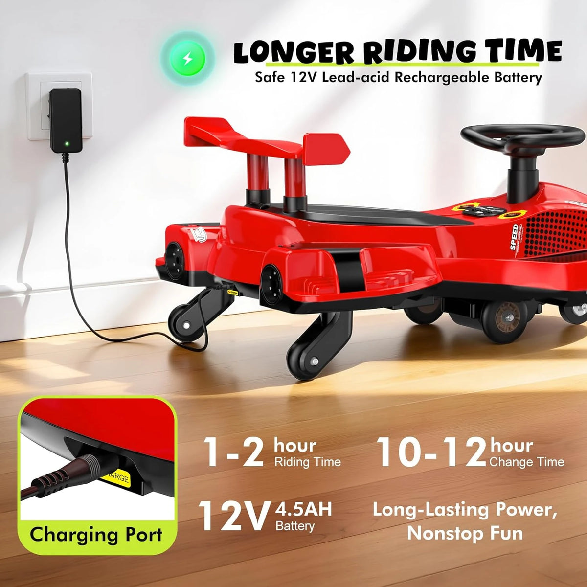 Akeleo electric wiggle car charging graphic with 12V rechargeable battery, charging port, and riding time details