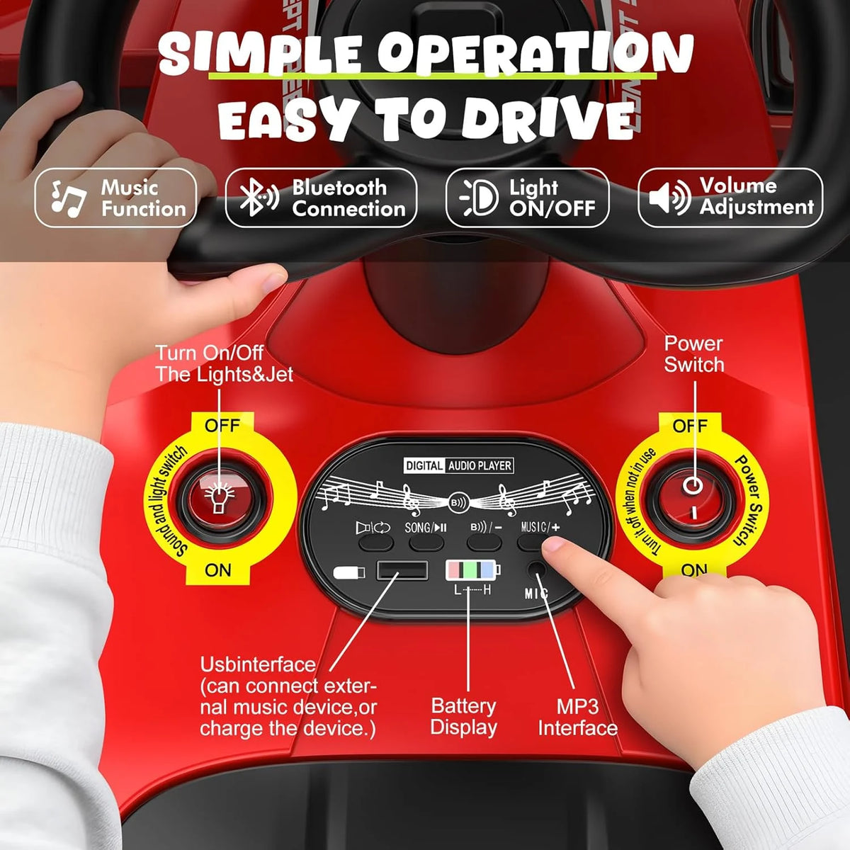 Akeleo electric wiggle car control panel with music, Bluetooth, light switch, volume, USB, and MP3 controls