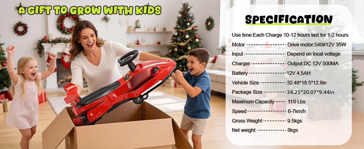 Akeleo kids electric go-kart specification graphic with red ride-on car and gift box