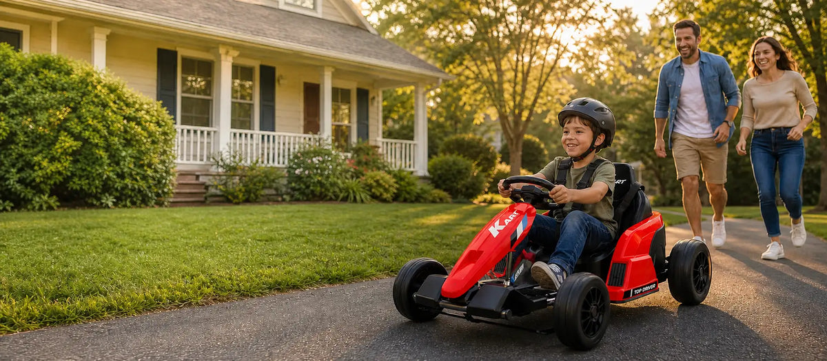 Red Akeleo kids electric go-kart in a supervised family riding scene