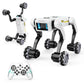 Remote-controlled quadruped robot dog toy with Mecanum wheels and programmable stunt features.