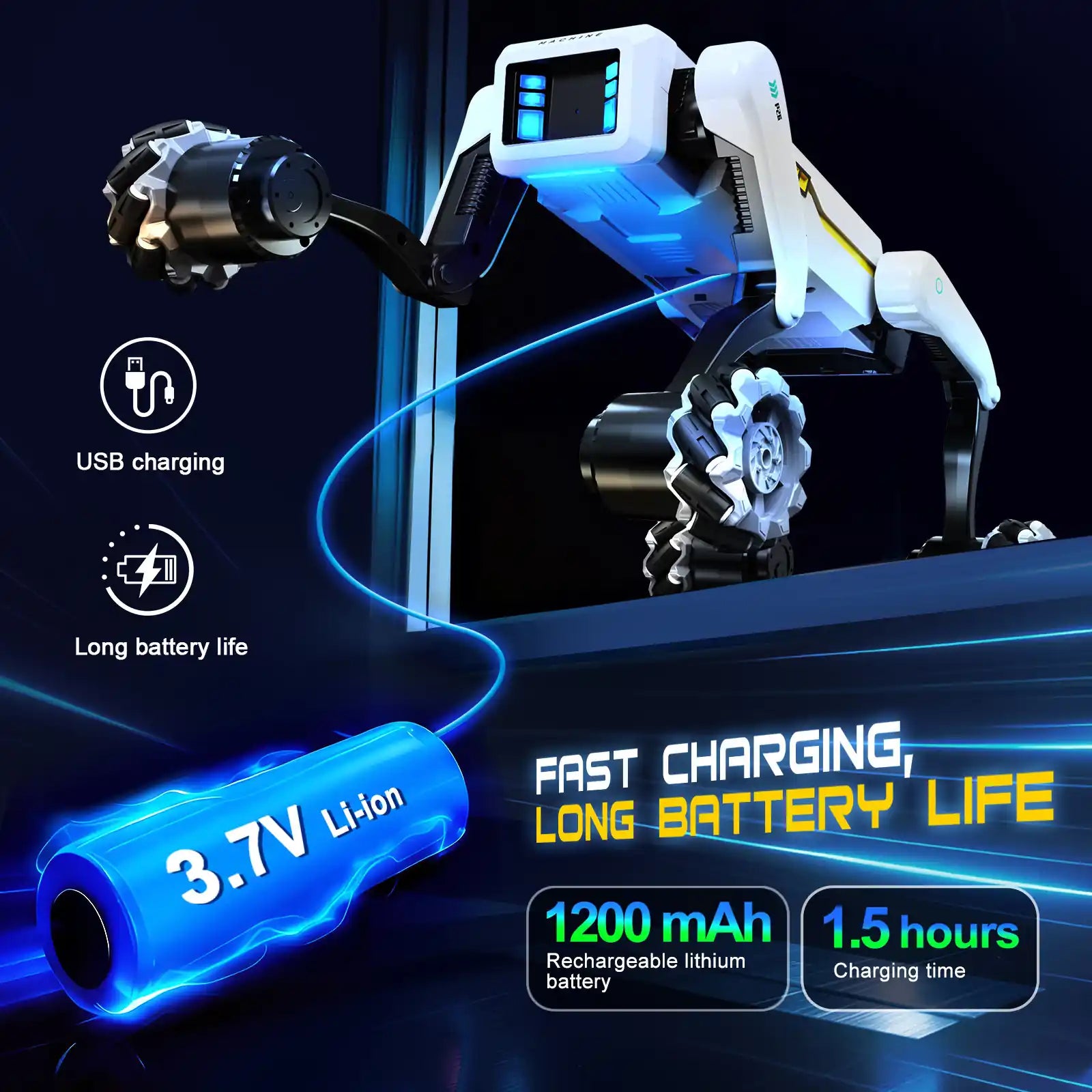 Rechargeable 3.7V 1200mAh lithium battery for robot dog toy, features fast USB charging and long battery life for extended playtime, high-performance battery for interactive robotic pet.