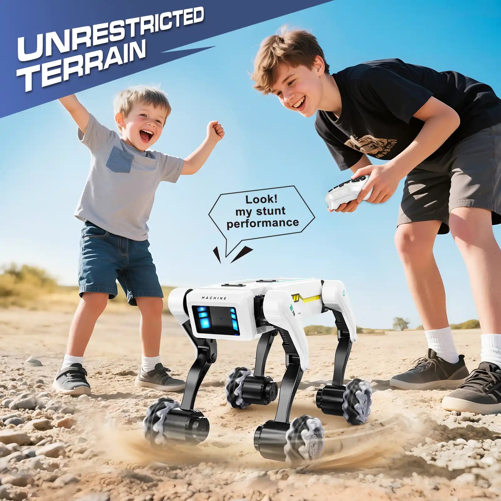 All-terrain remote control robot dog toy performing stunts outdoors, rugged design with durable mecanum wheels for off-road play, fun interactive STEM robotic pet for kids, outdoor active play toy.