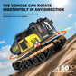 RC tracked dumper truck featuring 360-degree infinite rotation and 50-degree slope climbing capability with durable metal tracks.