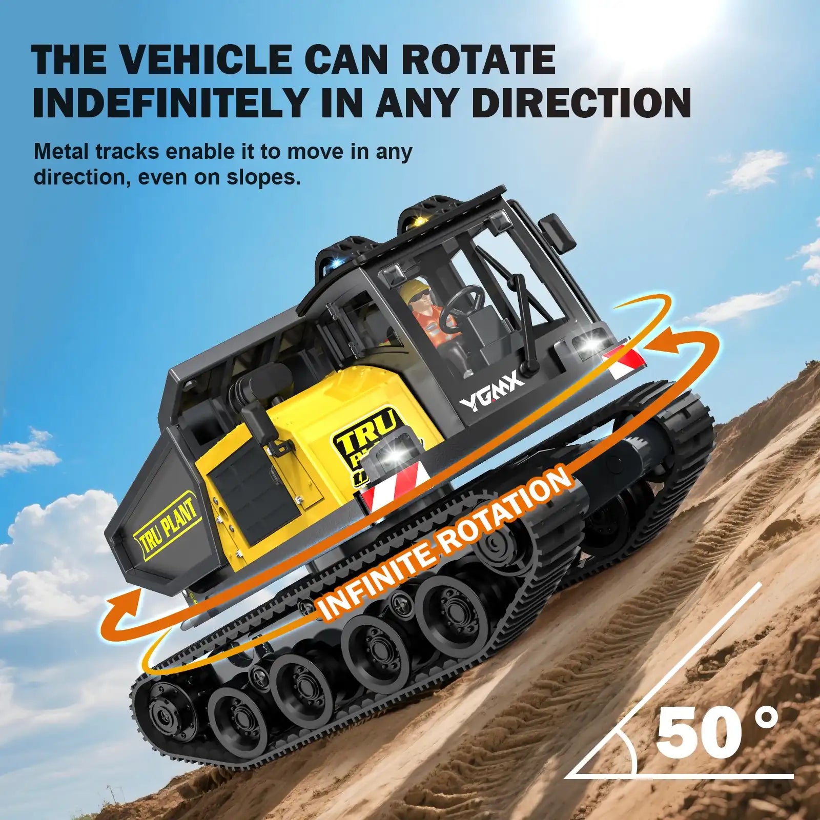 RC tracked dumper truck featuring 360-degree infinite rotation and 50-degree slope climbing capability with durable metal tracks.