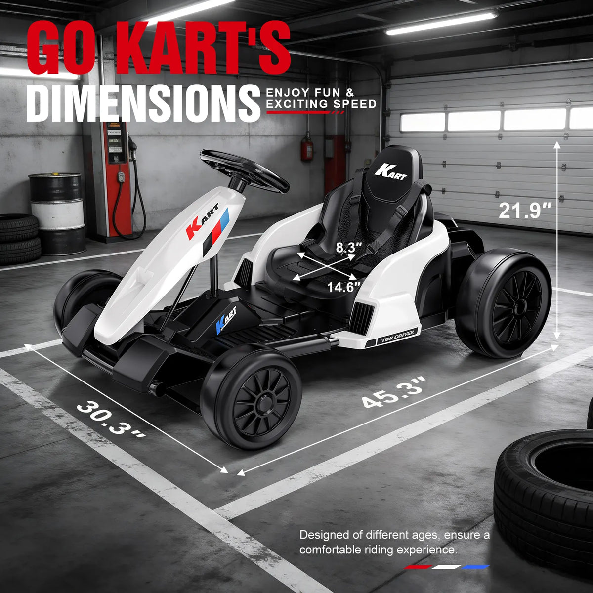 Akeleo kids electric go-kart - white kids electric go-kart size and dimensions
