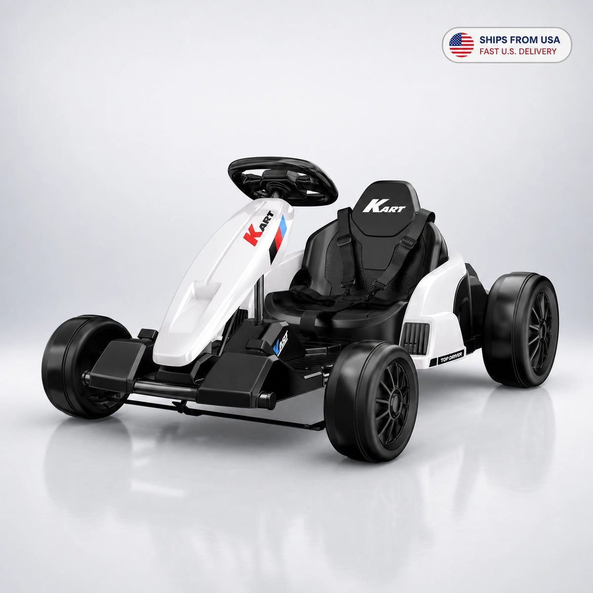 White Akeleo kids electric go-kart with US shipping message